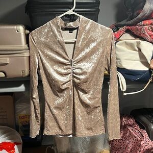 Boston Proper Cream Beige Taupe Pink Velvet Zip Collar Long Sleeve Blouse XS